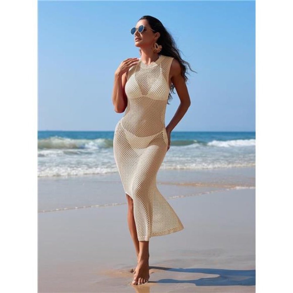 Women Crochet Swimsuit Cover Up Hollow Out Sleeveless Beach Dress Side Split - Picture 4 of 7